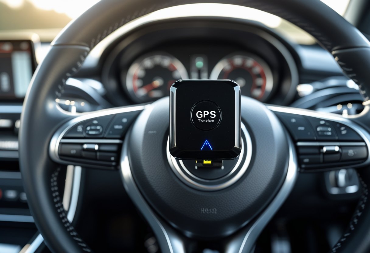 Close-up of a GPS car tracking device installed inside a car dashboard with the steering wheel and speedometer visible.
