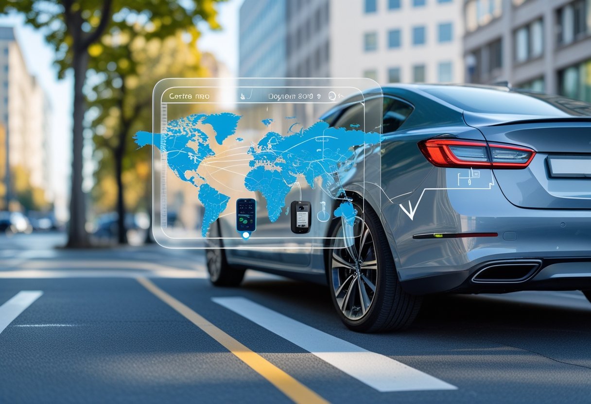 A modern car parked on a city street with a digital overlay showing GPS tracking data and a small tracking device attached to the car.