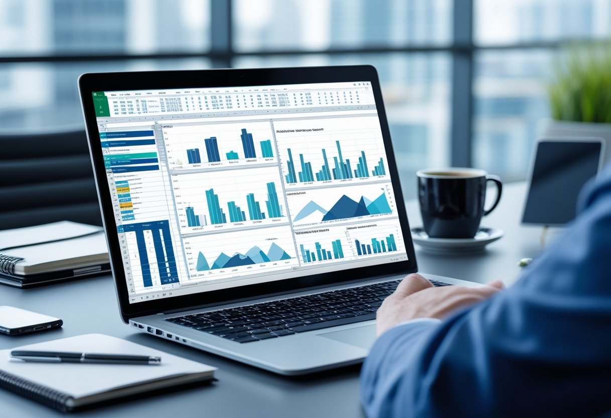 A modern office desk with a laptop showing spreadsheets and charts, surrounded by office supplies and a window in the background.