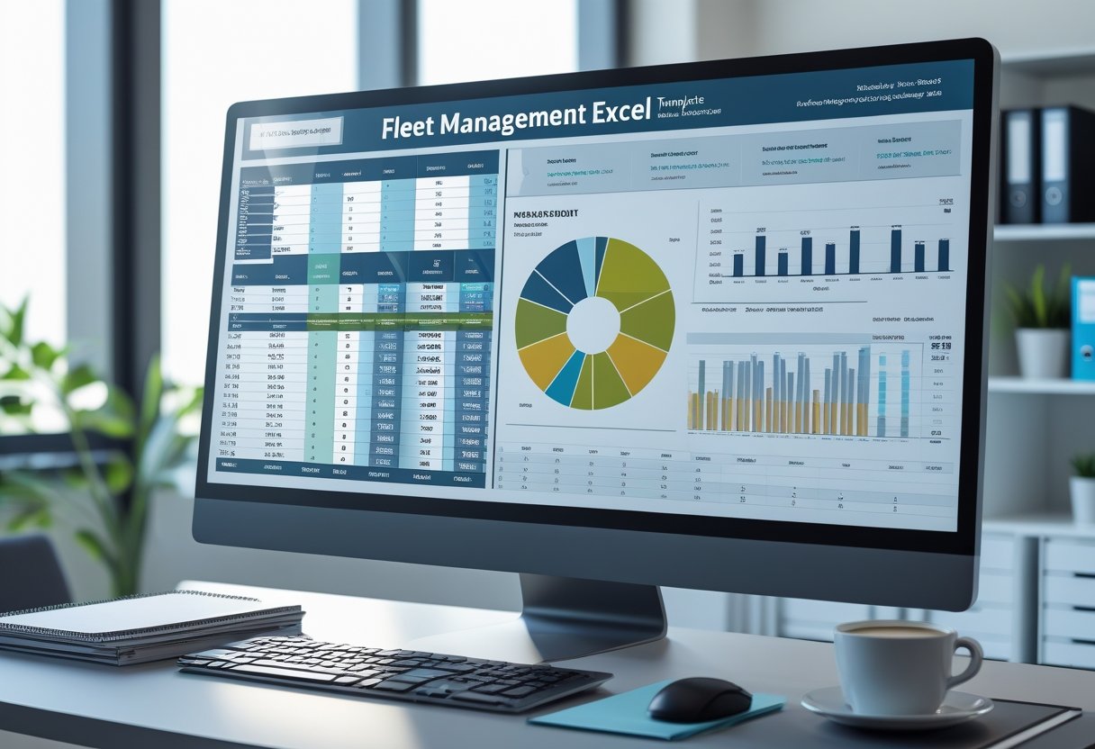 A computer monitor displaying a detailed Excel spreadsheet with fleet management data on a tidy office desk.