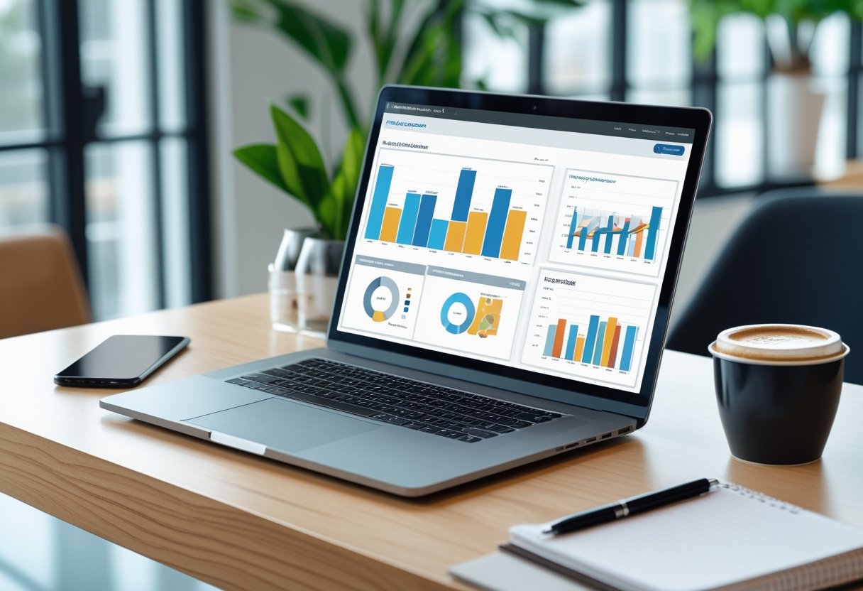 A laptop on a desk showing a fleet management dashboard with charts and tables, surrounded by office items and plants.