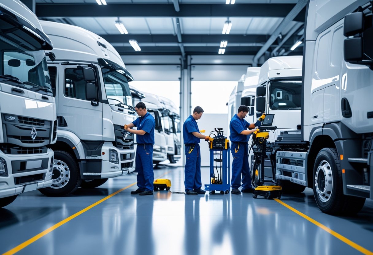 Mechanics repairing commercial trucks inside a clean and organized vehicle maintenance garage.