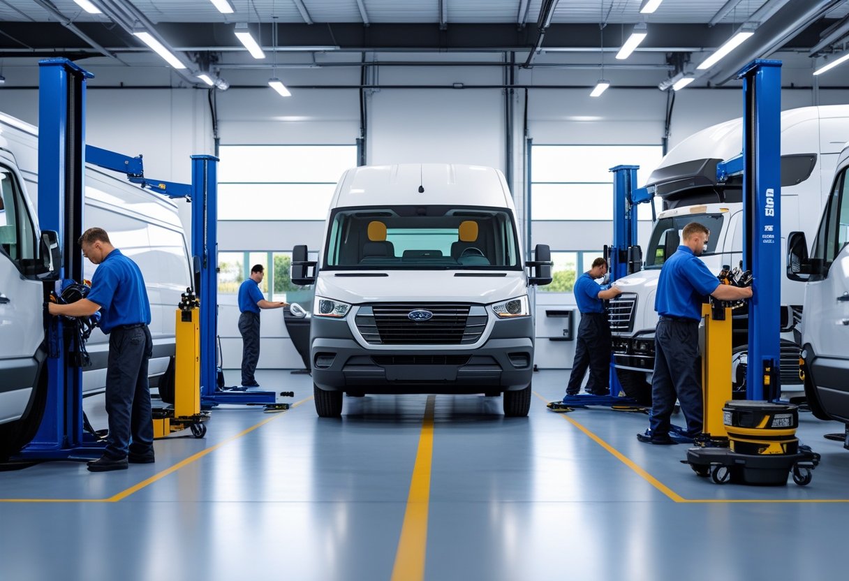 Mechanics repairing commercial delivery vans and trucks inside a clean and organized automotive workshop.