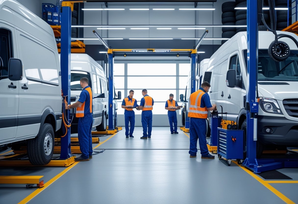 Mechanics repairing commercial vans and trucks in a clean, organized automotive workshop.