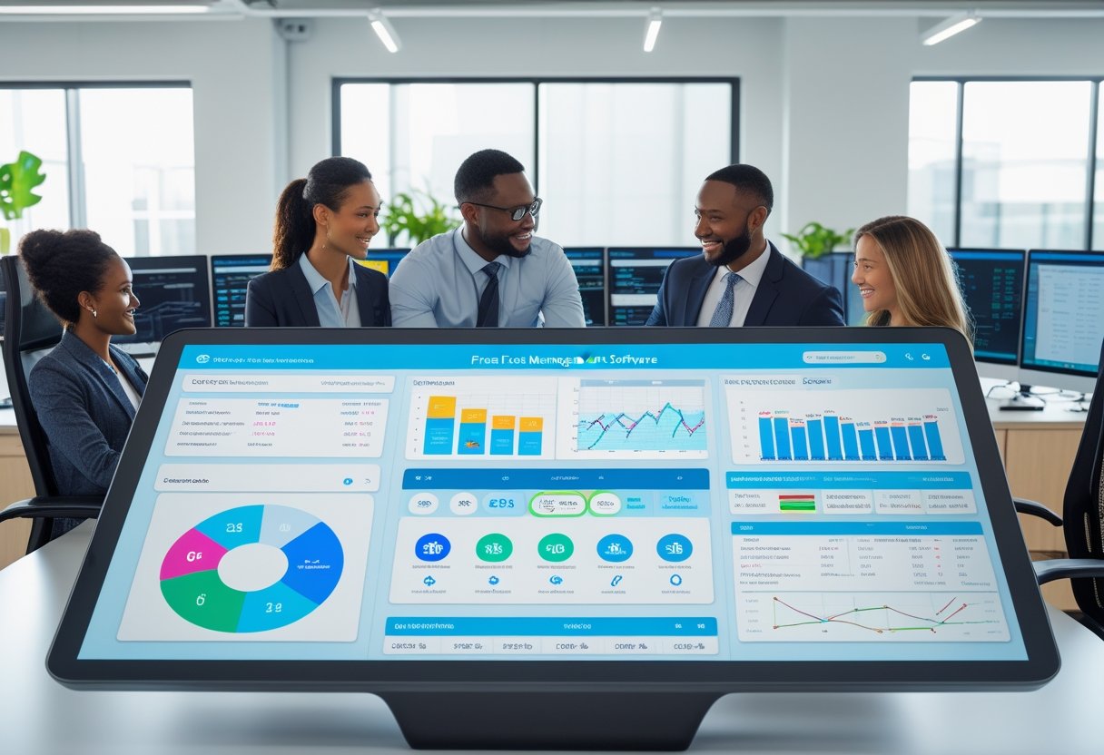 A team of professionals collaborating around a digital touchscreen table displaying fleet management data and maps in a modern office.
