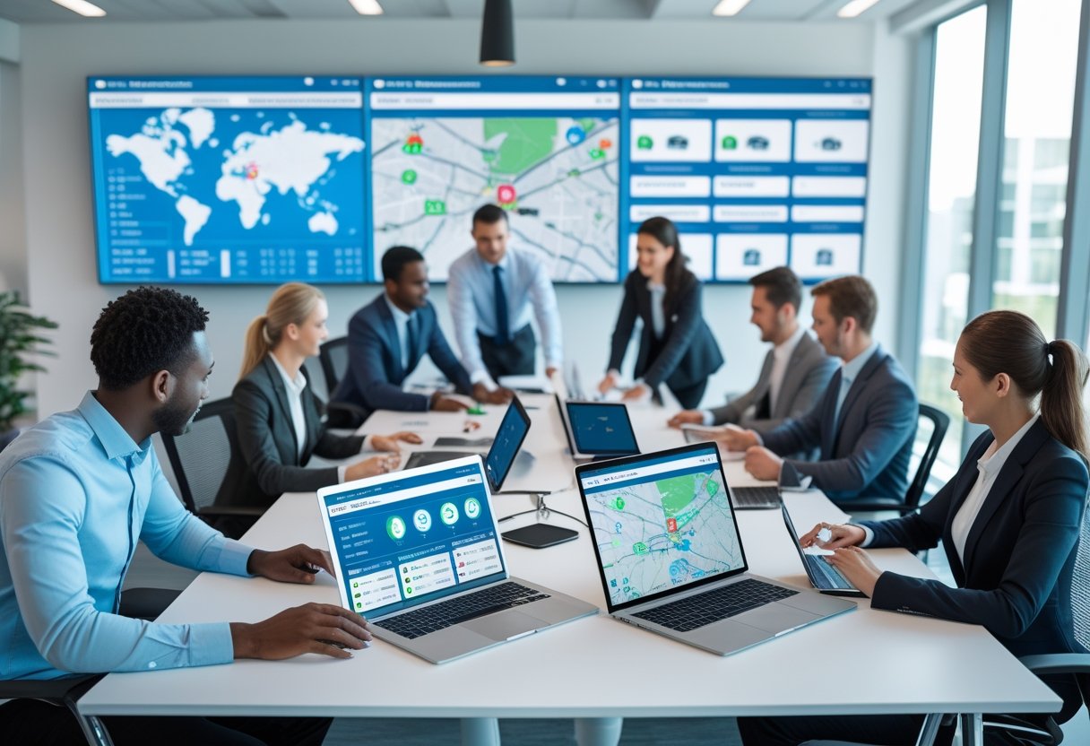 A team of professionals working together in an office with multiple digital devices displaying fleet management data and maps.