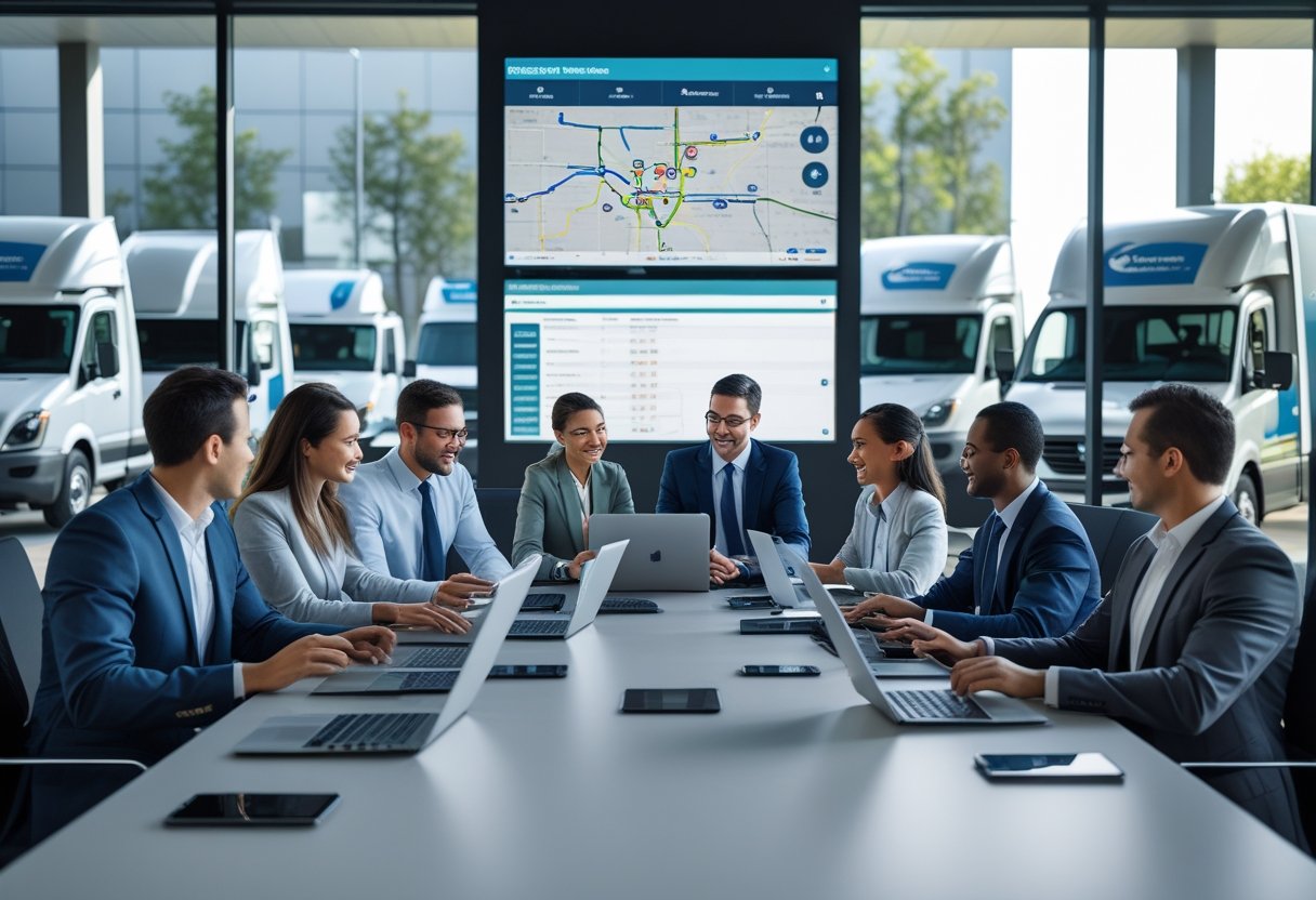 A group of professionals collaborating in an office with digital devices and a large screen displaying vehicle routes, with fleet vehicles visible outside the windows.