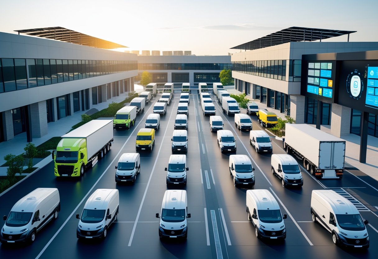 A fleet of modern delivery vehicles parked at a logistics hub with people using digital devices nearby.
