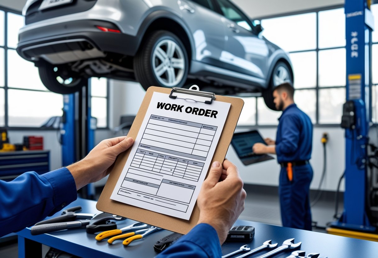 A mechanic holding a clipboard with a work order form in an auto shop, surrounded by tools and a car on a lift in the background.