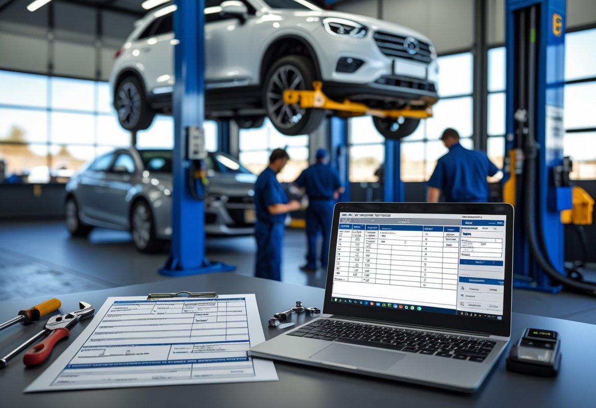 An auto repair shop workspace with a mechanic's desk showing a work order form, tools, a laptop, and mechanics working on a car in the background.