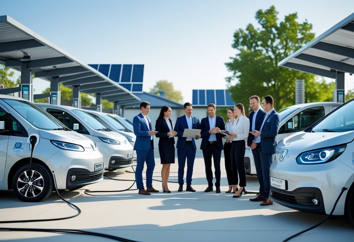 Business professionals reviewing data near electric vehicles charging at a modern outdoor station in an urban environment.