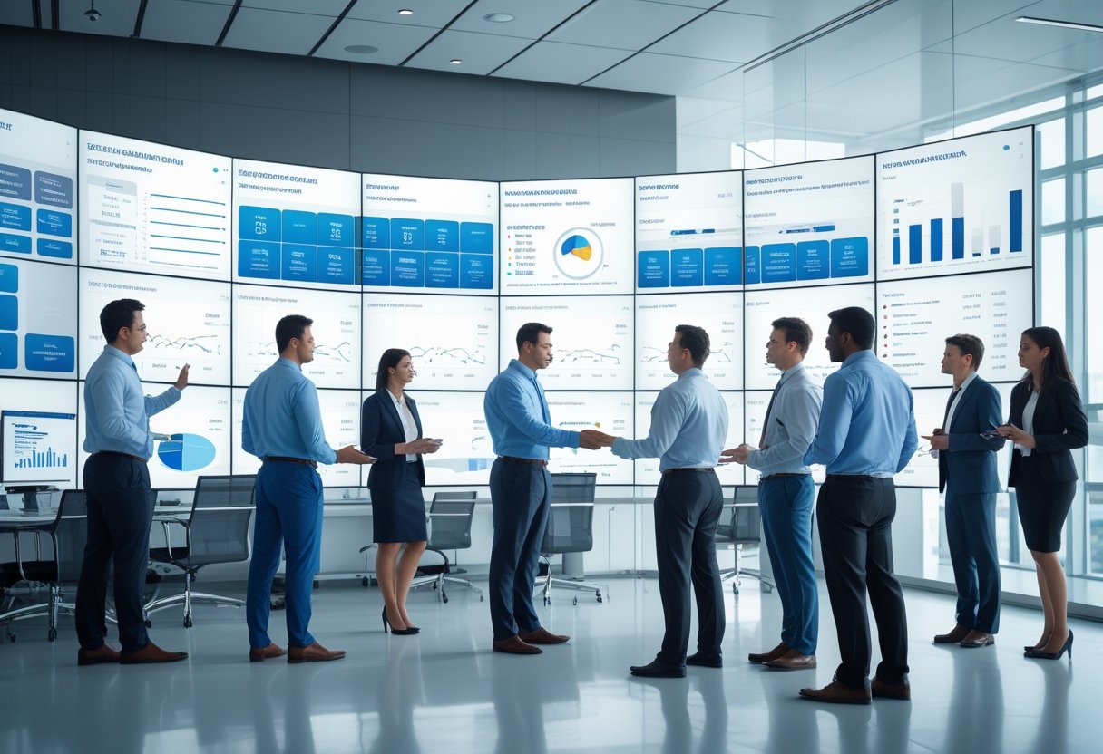 A team of professionals monitoring fleet health data on large digital screens in a modern office.