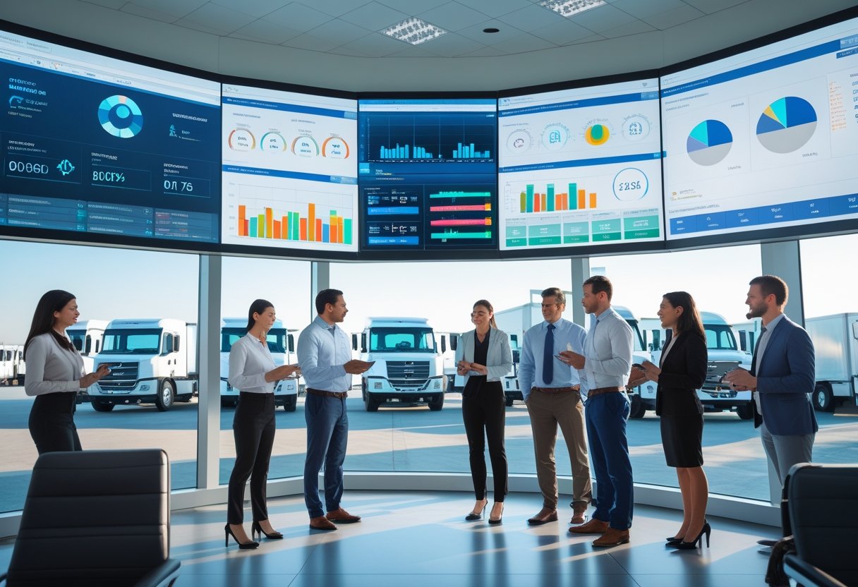 A team of professionals in a control room monitoring vehicle health and compliance data on large digital screens, with a fleet of commercial vehicles visible outside the window.