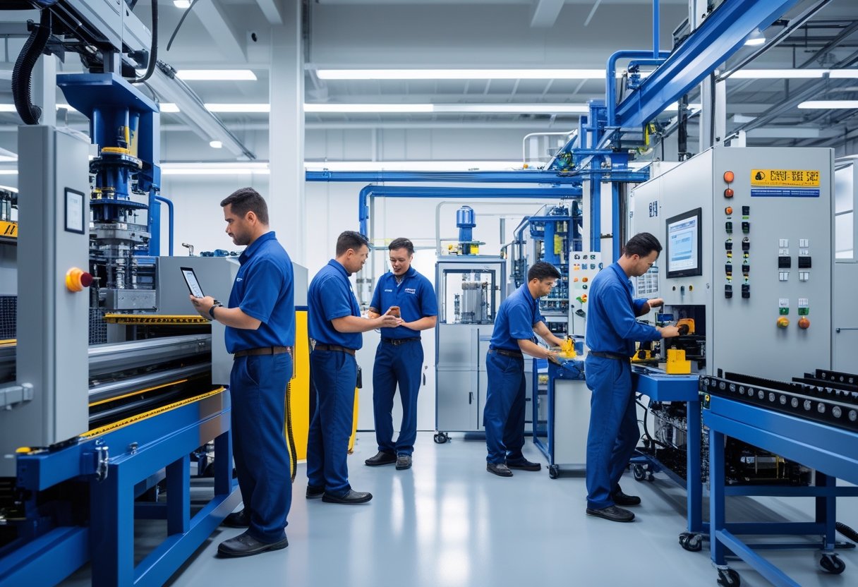 Technicians performing various preventive maintenance tasks on industrial equipment in a clean and organized manufacturing setting.