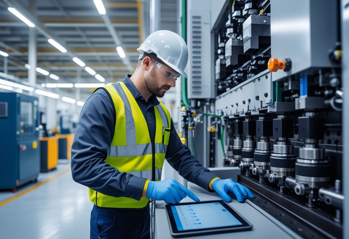 A maintenance technician wearing safety gear inspecting industrial machinery in a factory setting.