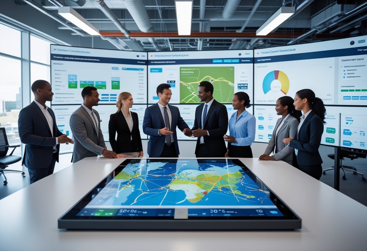 Business professionals collaborating around a digital touchscreen table showing maps and data in a modern office with large monitors displaying fleet tracking information.