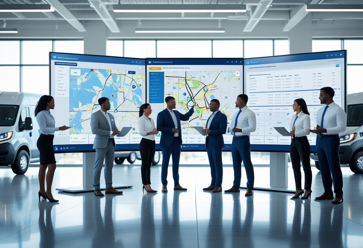 Business professionals in an office reviewing digital maps and vehicle routes with company fleet vehicles visible outside.