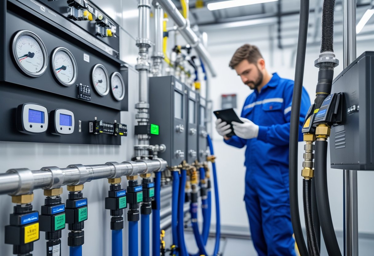 Technician inspecting a fuel management system with digital gauges and control panels in an industrial setting.