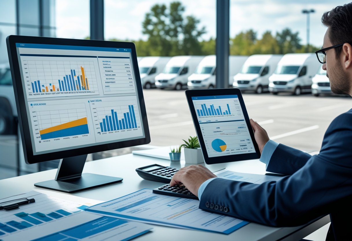 A fleet manager in an office reviewing financial charts and vehicle schedules with commercial vehicles parked outside a window.