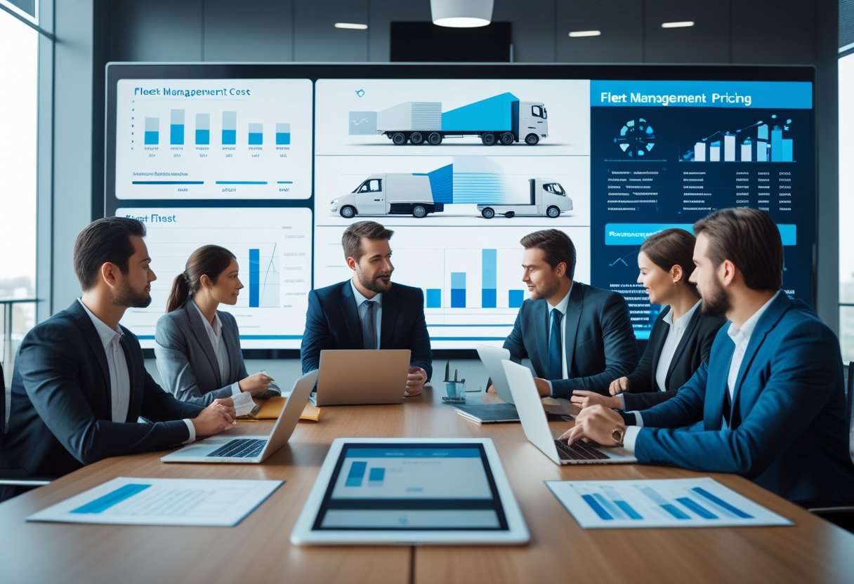 A group of business professionals discussing fleet management pricing around a conference table with laptops and charts in a modern office.