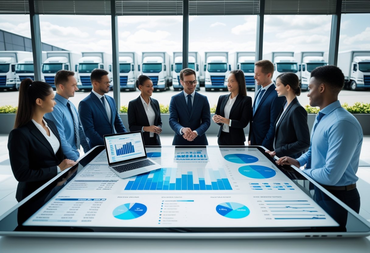 Business professionals collaborating around a digital table with fleet data and pricing charts, with commercial vehicles visible outside office windows.