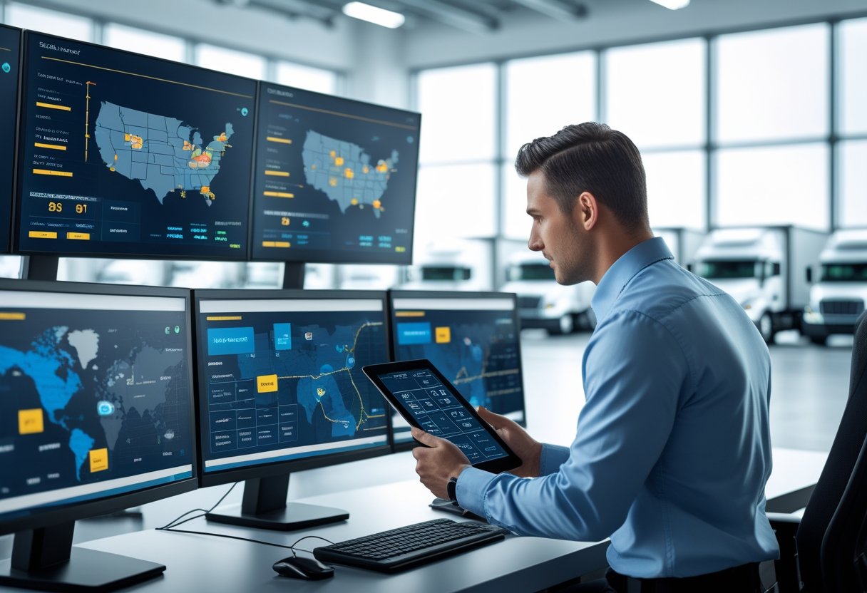 A manager monitors truck fleet data on a tablet in a control room with multiple screens and trucks parked outside.