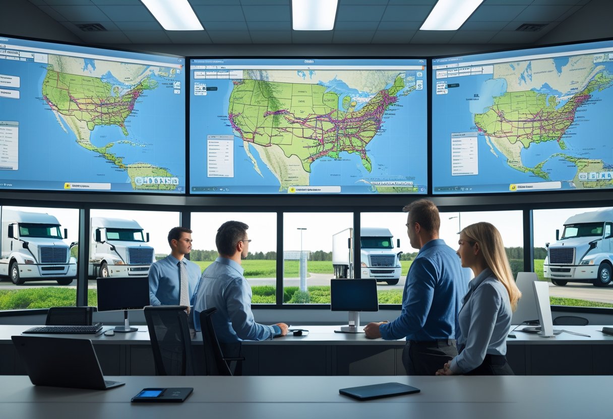 A team of professionals monitoring truck fleet operations in a control room with screens showing maps and truck data.