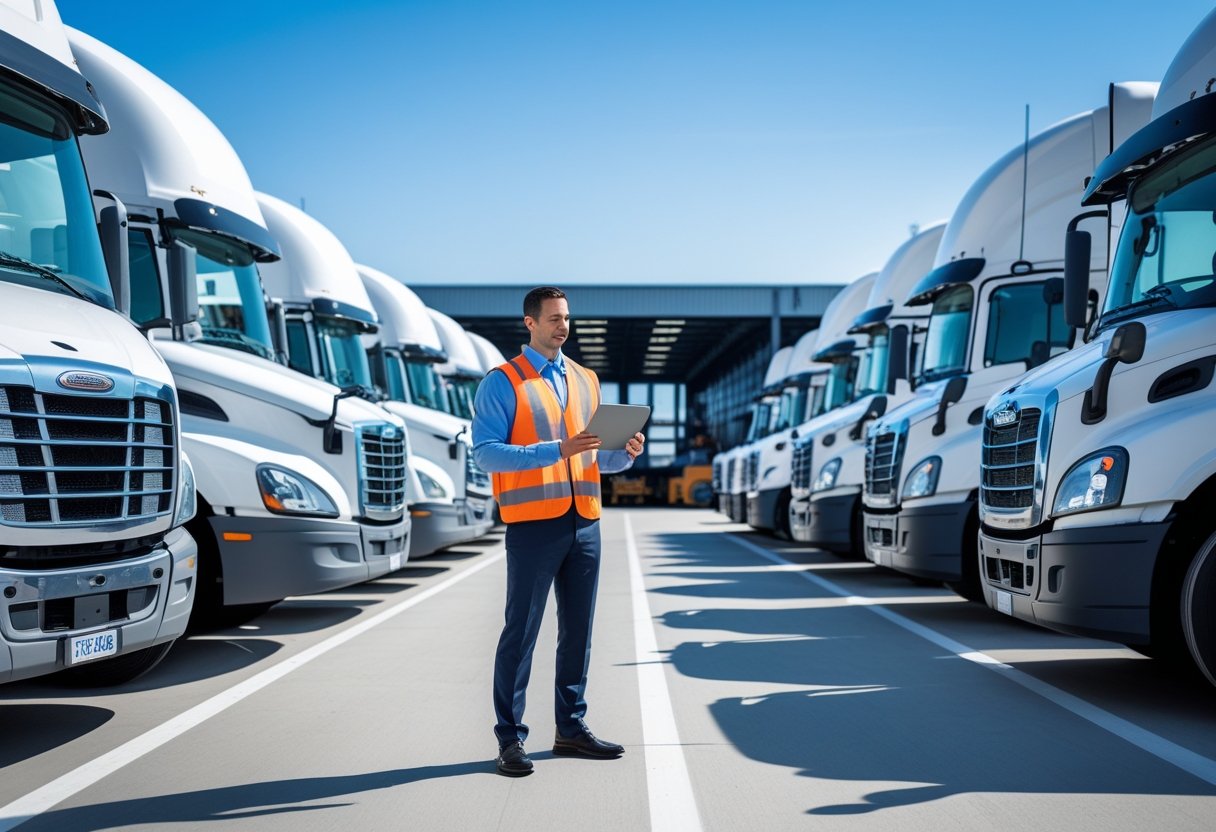 A fleet manager inspects a row of semi-trucks parked at a logistics warehouse.