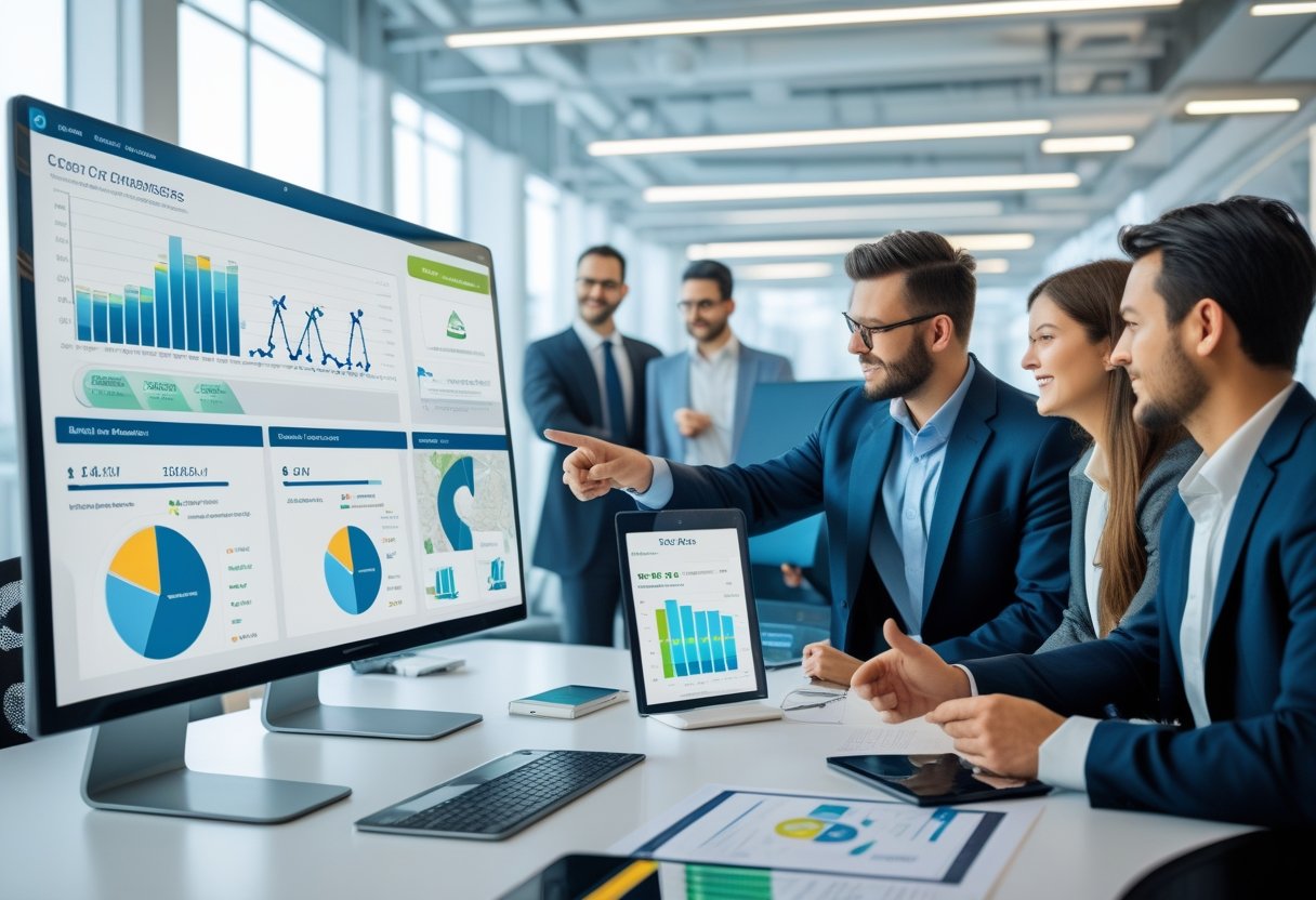 A team of professionals in an office reviewing digital dashboards displaying fleet fuel management data and analytics.