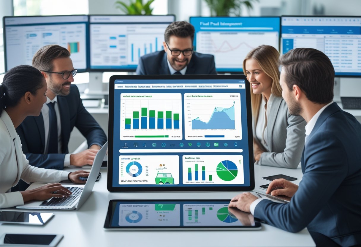 Business professionals collaborating around a digital touchscreen table displaying fuel consumption graphs and fleet management data in a modern office.