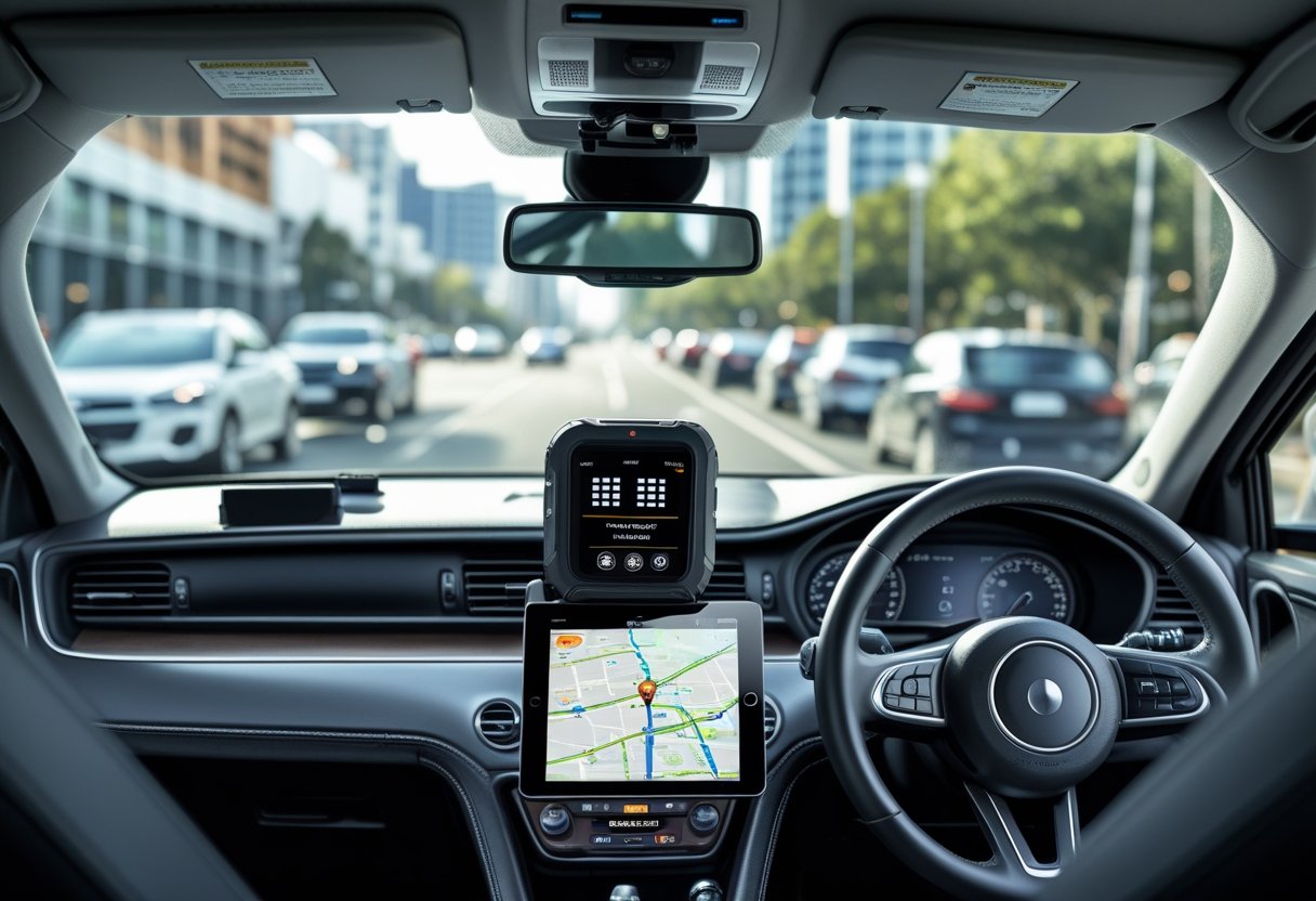 Interior view of a car showing a digital GPS map on a device mounted near the steering wheel with a city street visible through the windshield.
