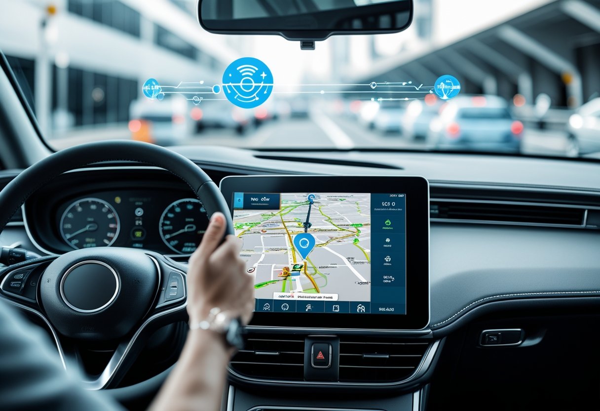 A car dashboard showing a GPS navigation screen with a map and route, with a city and roads visible through the windshield.