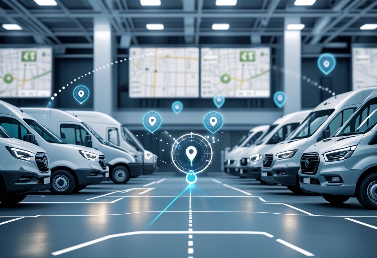 A fleet of vehicles in an urban area with digital map overlays and GPS location pins showing real-time tracking, alongside a control center with screens displaying vehicle data.