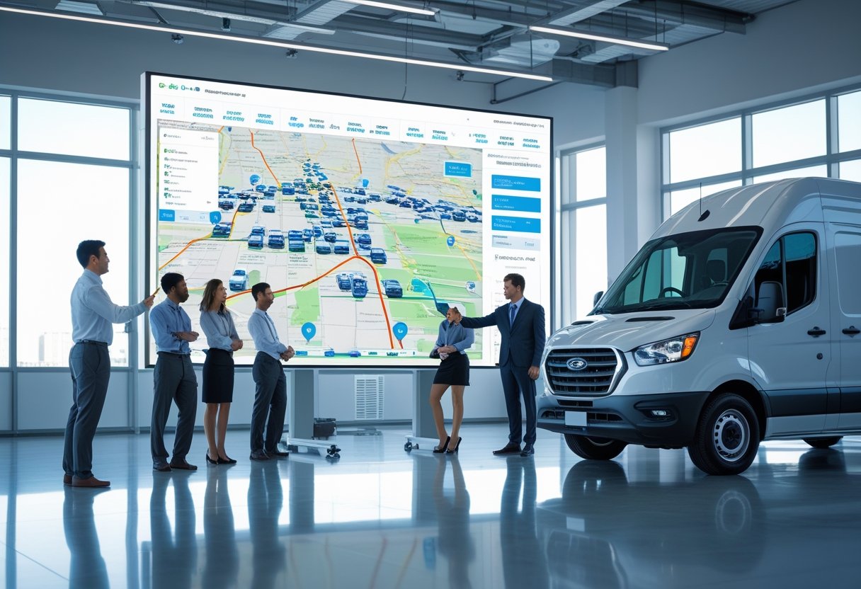 Business professionals in an office using digital screens to monitor and manage a fleet of commercial vehicles, with a technician inspecting a delivery van outside.
