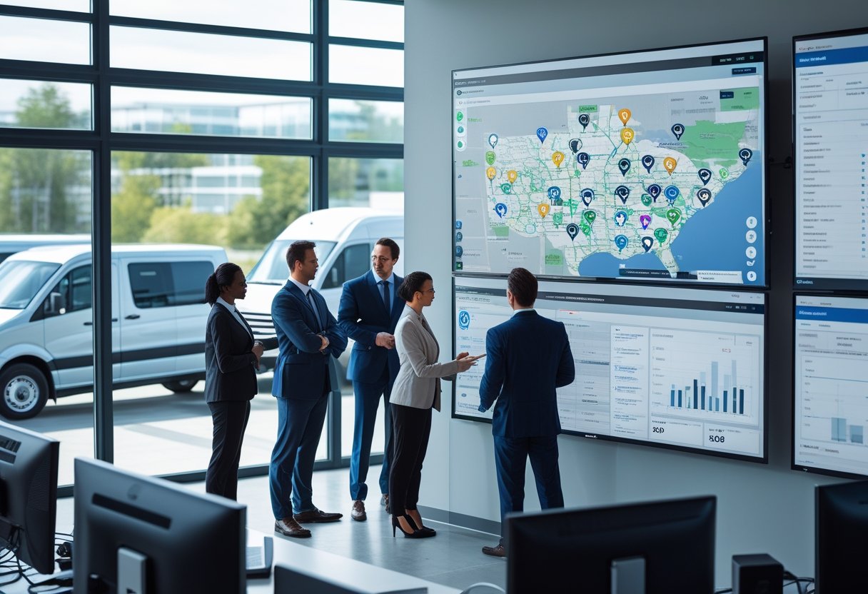 A team of professionals in an office looking at a large digital map with vehicle icons, with company vans and trucks parked outside the window.