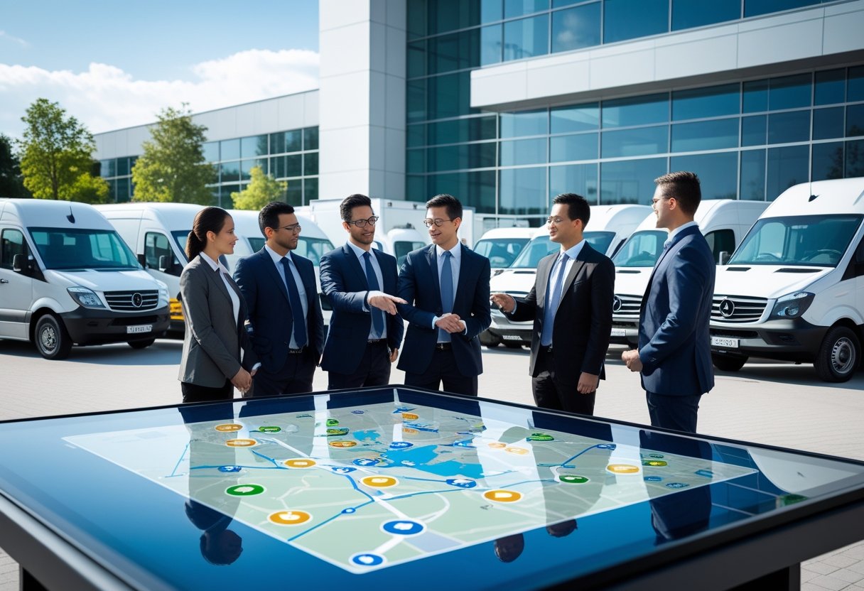 Business professionals discussing vehicle routes around a digital map table with commercial vehicles parked outside a corporate building.