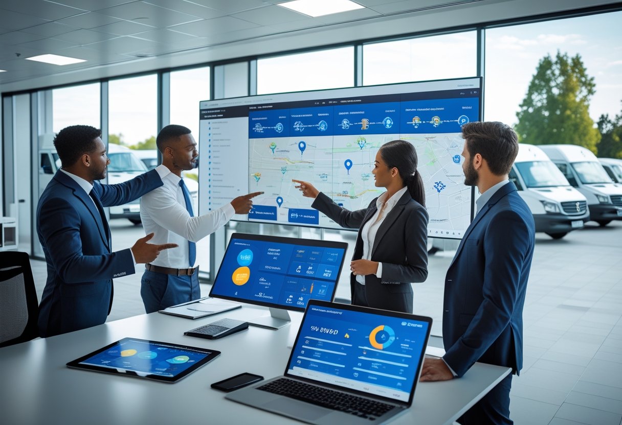 Office with professionals reviewing vehicle tracking and fleet management data on multiple screens, with company vehicles parked outside visible through windows.