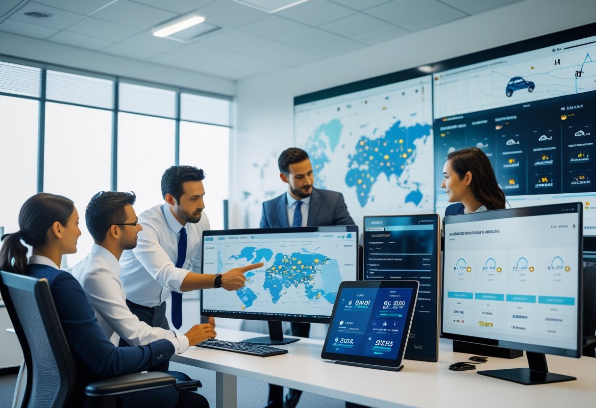 A team of professionals in an office reviewing vehicle tracking maps and fleet data on multiple computer screens.