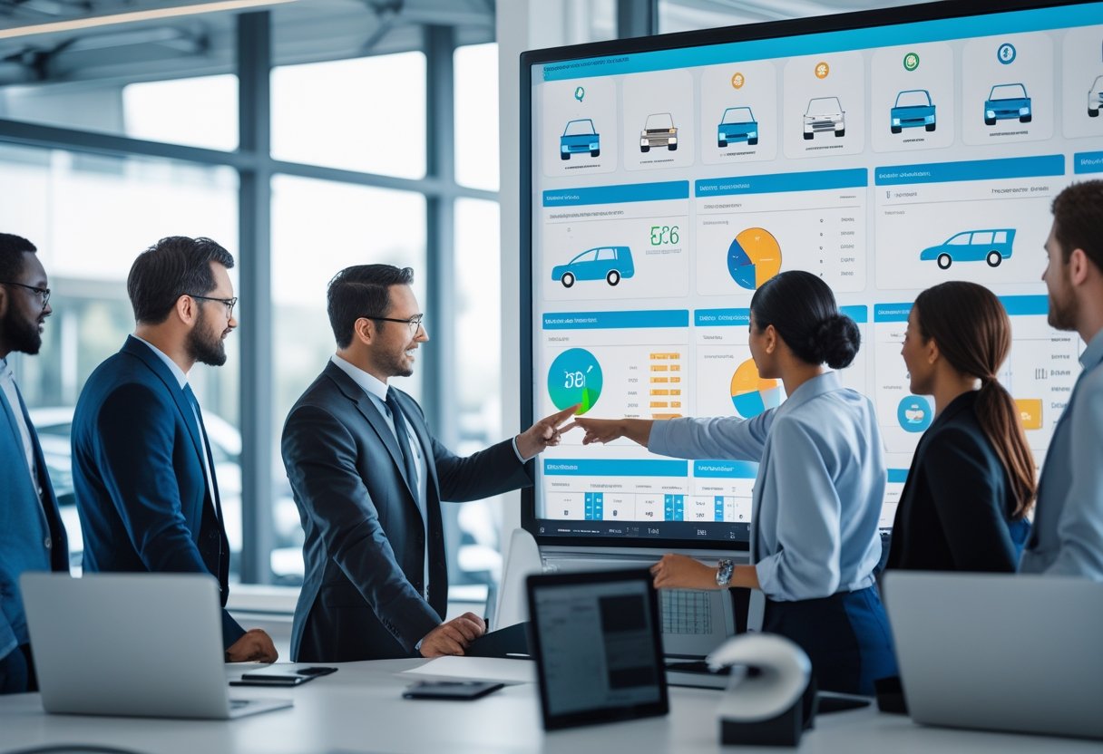 A team of professionals in an office reviewing vehicle data on a large digital screen with vehicles visible outside a window.