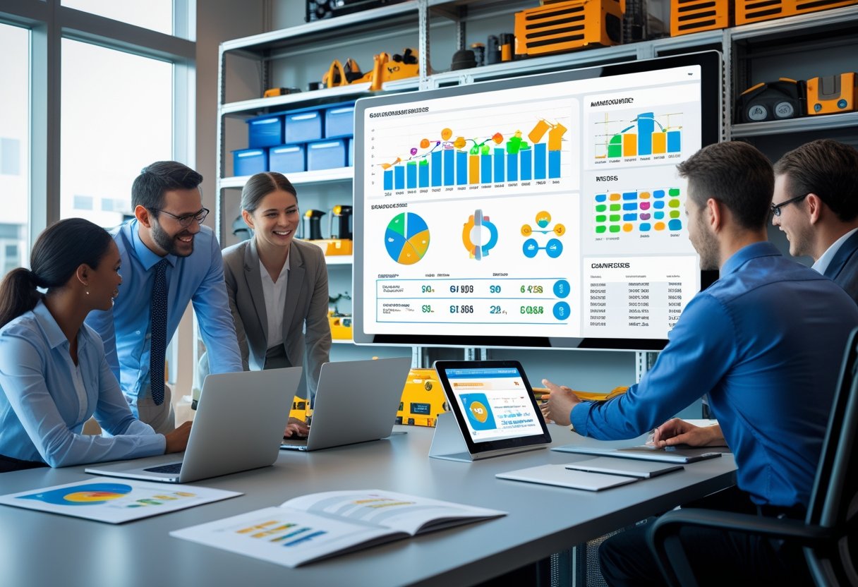 A team of professionals collaborating around a digital touchscreen displaying maintenance data in a modern office with tools and equipment in the background.