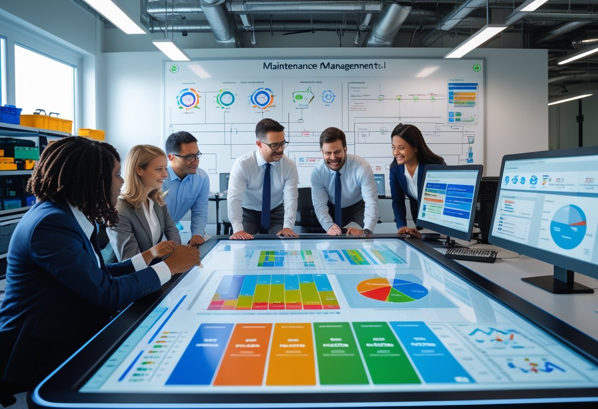 A team of professionals working together around a digital touchscreen table displaying maintenance data and charts in a modern office.