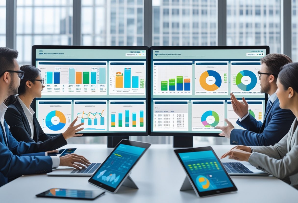 A group of business professionals discussing fleet management system data displayed on digital screens in a modern office.