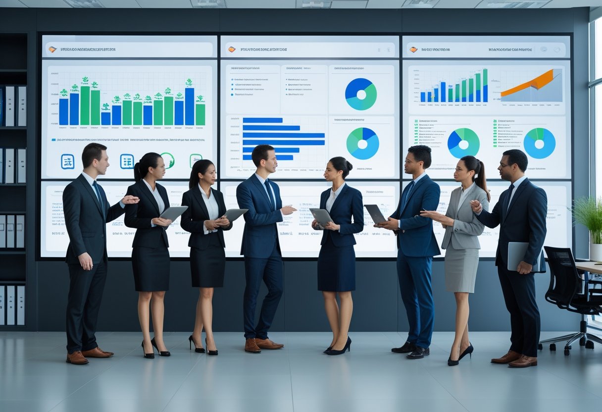 A group of business professionals discussing data charts on a digital screen in a modern office.