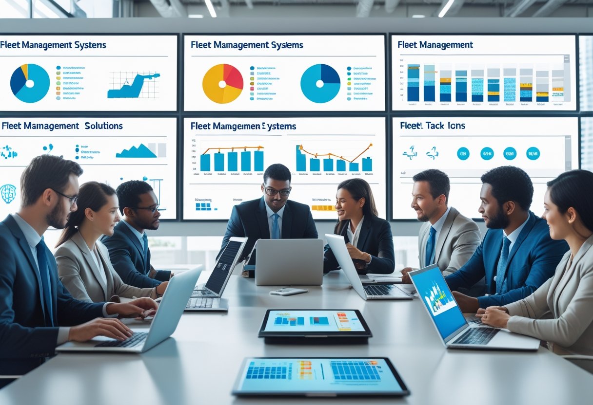 Business professionals in a modern office reviewing digital fleet management data on laptops and large screens.