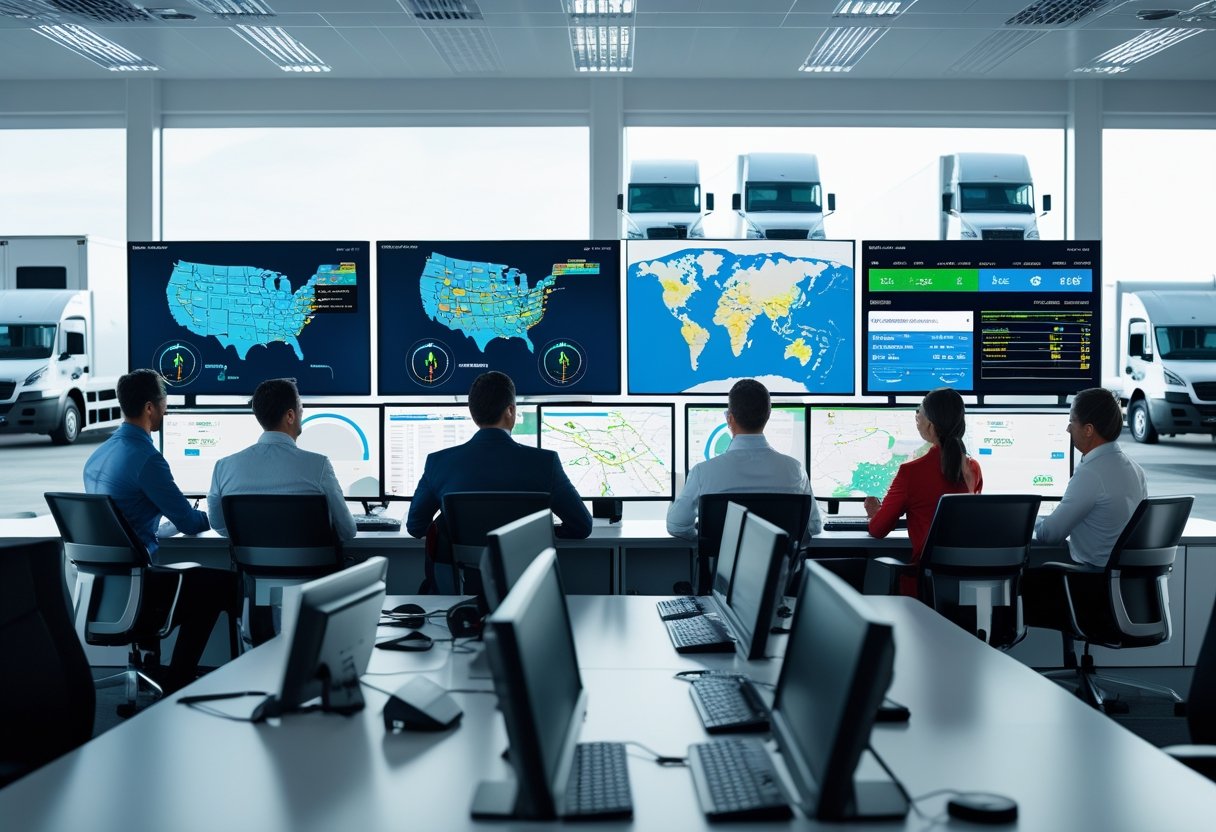 A team of professionals monitoring vehicle routes and data on large screens in a fleet management control room with commercial vehicles visible outside.