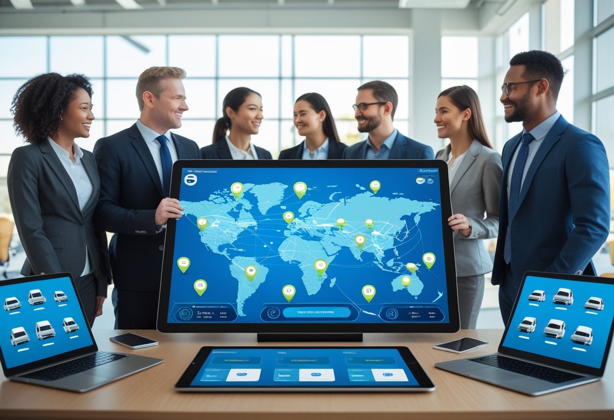 A group of business professionals gathered around a digital touchscreen table displaying a map with vehicle icons, in a bright office setting.