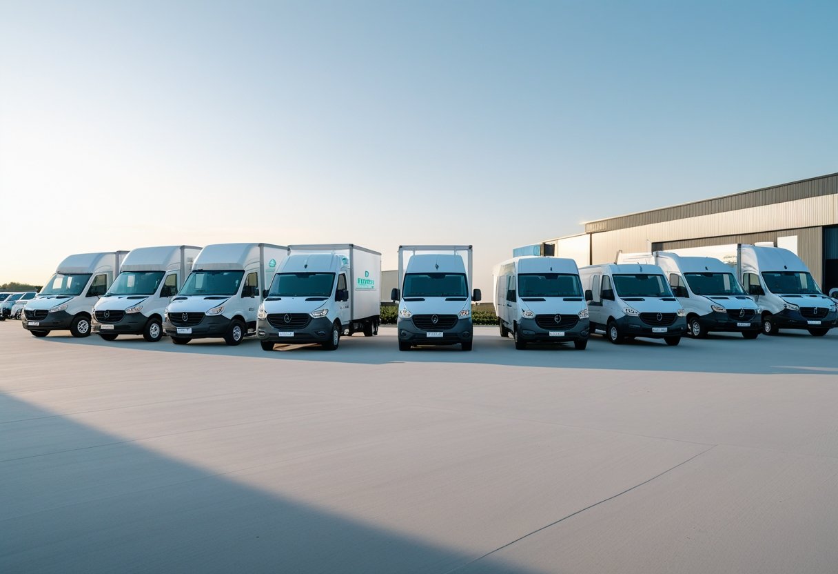 A fleet of commercial vehicles parked in an organized formation outside a modern industrial building under a clear sky.