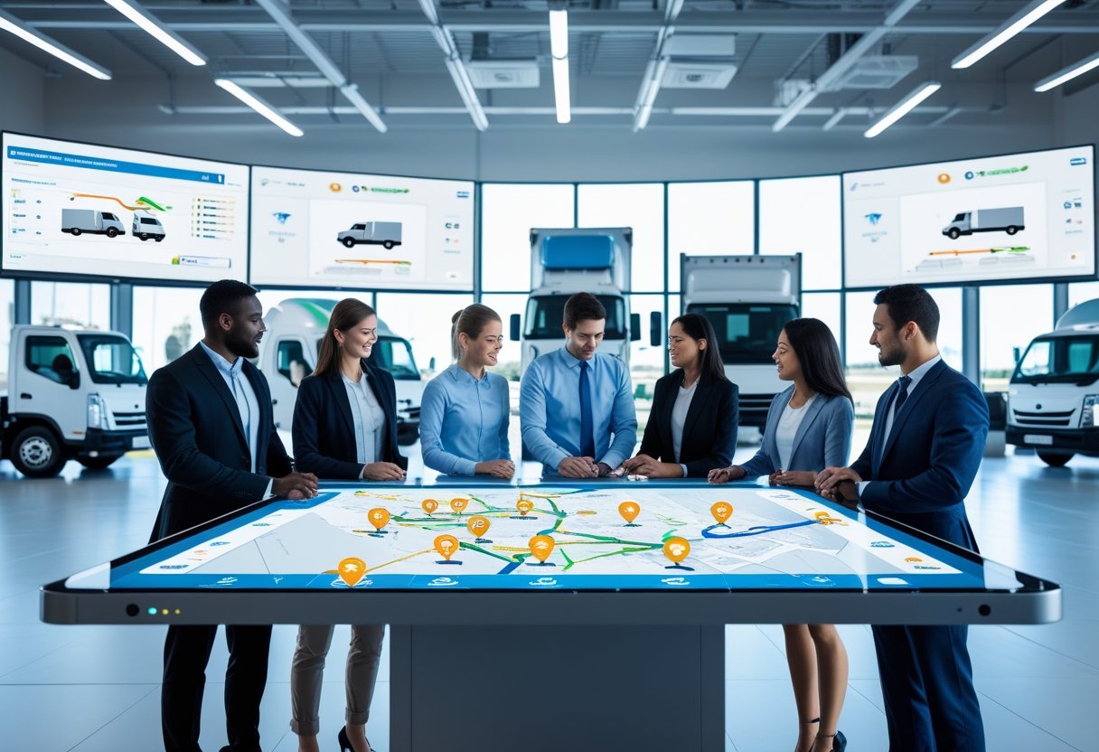 A team of professionals working together in an office with digital maps and data screens, with fleet vehicles parked outside a large window.