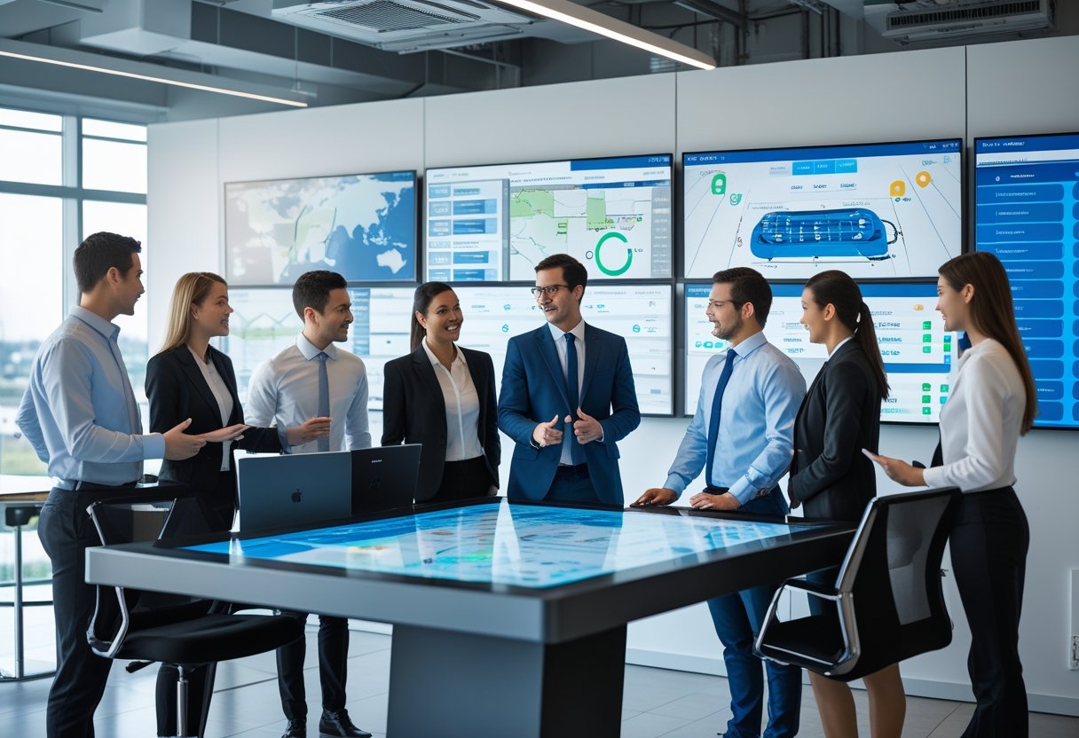 Business professionals collaborating around a digital table showing fleet management data with monitors displaying vehicle tracking maps in a modern office.