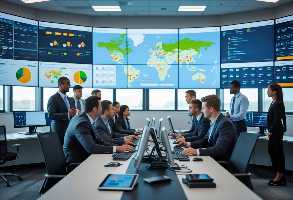 A team of professionals monitoring fleet data on multiple digital screens in a control room.